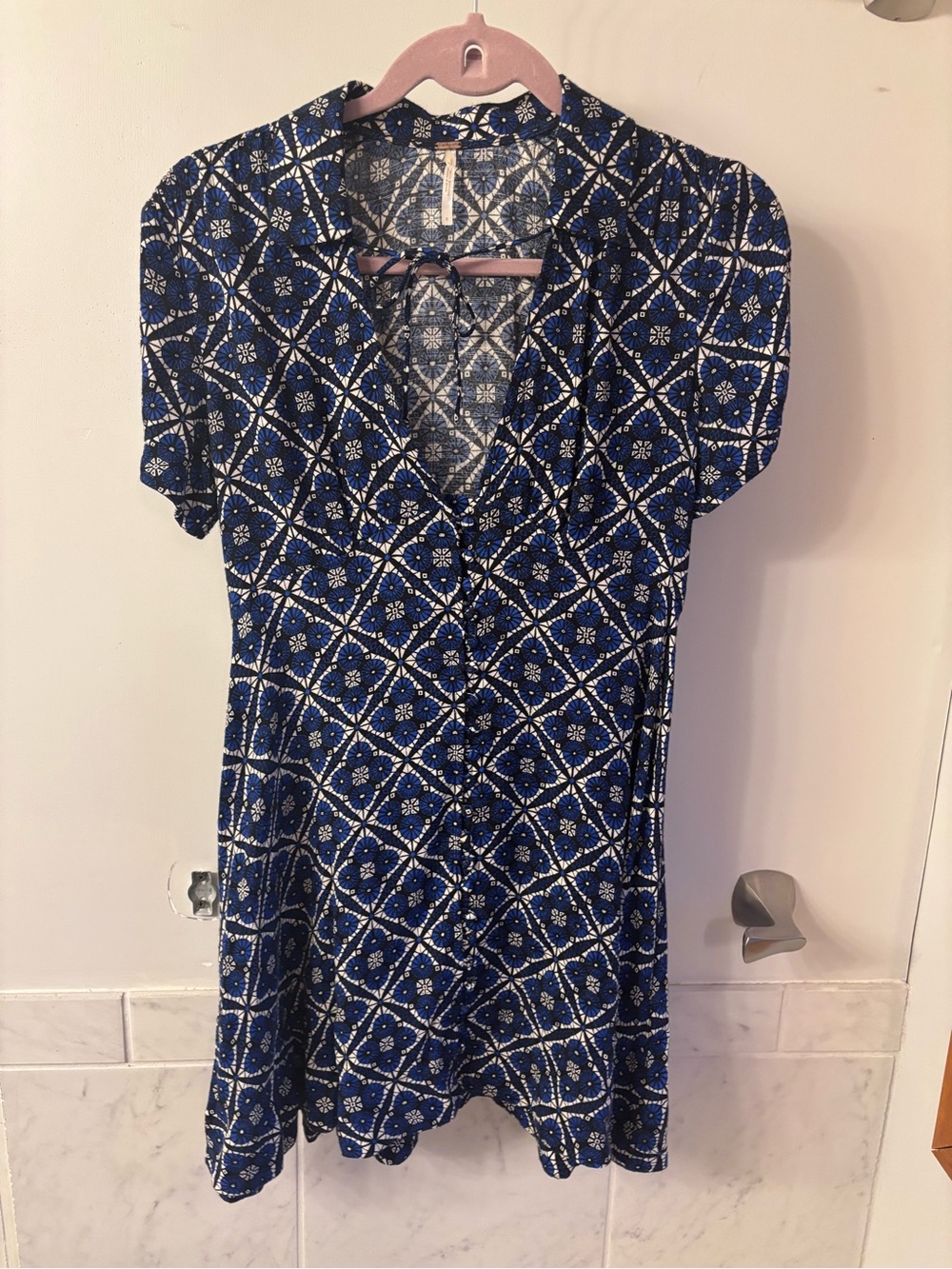 Free People Blue Geometric Floral V-Neck Mini Dress